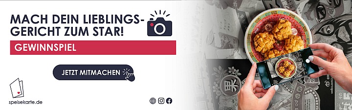 Promobild zum Gewinnspiel mit Einladung zur Teilnahme. Zwei Hände halten ein Handy und fotografieren ein Gericht auf einem Tisch.