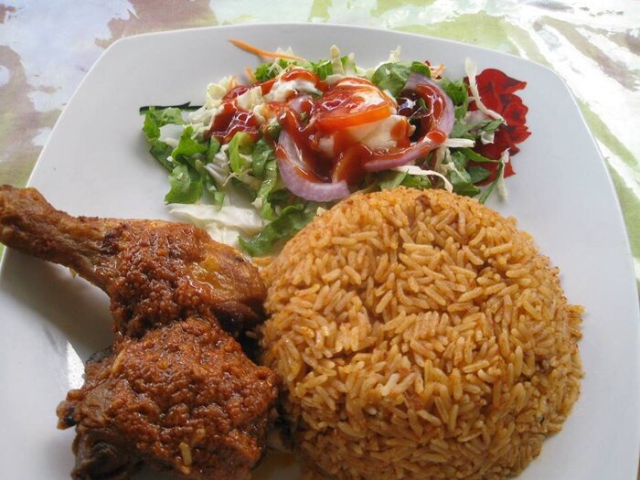 Jollof Rice and fried chicken