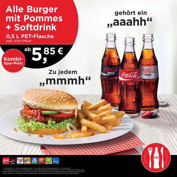 Hamburger + Pommes + Softdrink 
(0,5 L PET-Flasche Cola, Fanta, Sprite,
 Mezzo, Bonaqua)