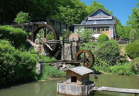 Wambacher Mühle, Schangenbad, eigener Forellenteich mit historischer Mühle